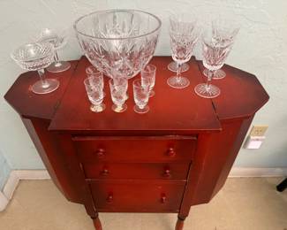 Waterford bowl, wine glasses and champagne sherbets. Etched Polish cordials