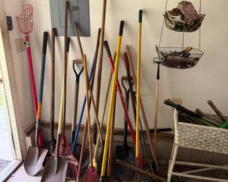 Garage rakes, shovels, implements