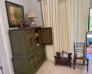 Green gentleman’s dresser, child’s antique chair, magazine basket
