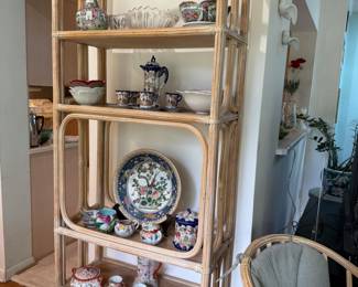 Vintage California Bamboo Rattan multi shelf etagere filled with asian dishes