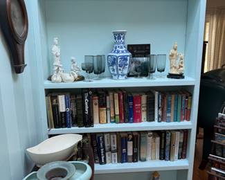 Books, planters, clock