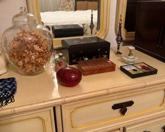 Dresser & mirror, boxes, perfume bottles