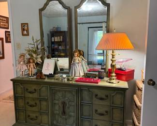 Green dresser and mirrors, dolls, jewelry