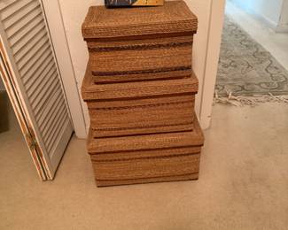 3 graduated Woven boxes, vintage Handyman book