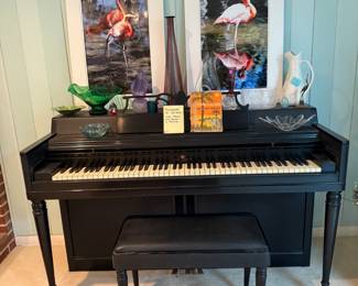 Wurlitzer piano, mid century items and local art.