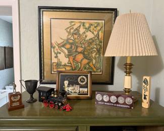 Train related items, Thai temple rubbing type elephant art, vintage trophies