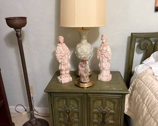 Green nightstand matches bed, Holland Mold vintage asian figurines
