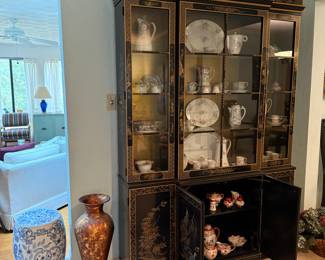 China cabinet, garden seat, tall vase