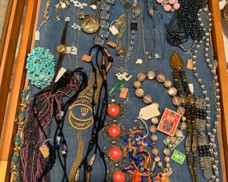 Vintage jewelry, pens, sewing and manicure scissors, etc