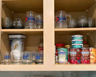Various Train glassware, canned goods, glass bowls