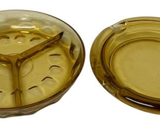 Pair Olive Green Glass Ashtrays 