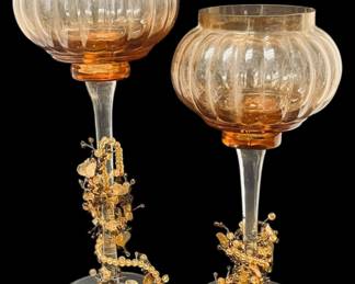 Amber Glass Beaded Candle Holders 