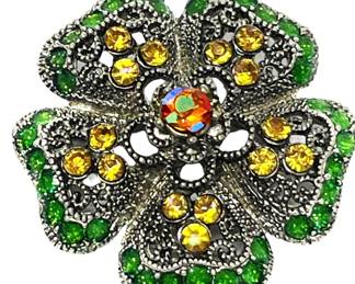 Floral Rhinestone Brooch Green  Yellow 