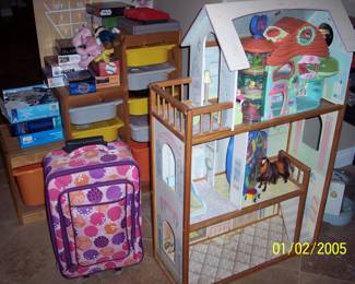 Doll house ,toy box and kids toys.