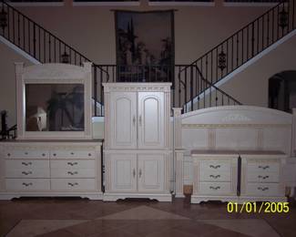 King size bedroom set with dresser, mirror, Armoire and 2 night stands. Good condition.
