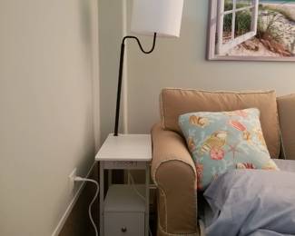 Floor lamp/table with charging station; sleeper sofa