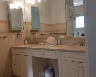 Elegant double bath vanity; mirror; vanity lights