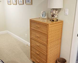 5-drawer tall wicker dresser; table lamp