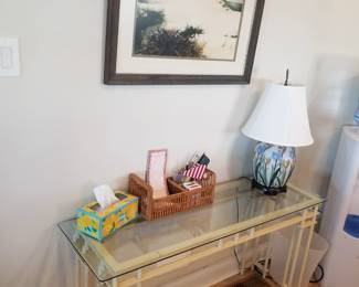 Foyer table; table lamp; artwork