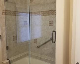 Barn-style glass shoer doors