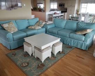 Teal couches are sleeper sofas! Area rug 