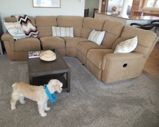 Cozy sectional sofa with recliners; coffee table