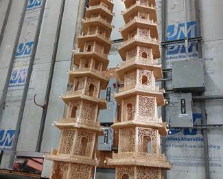 Handi cut and carved by A master shown Kim In Guangzhou,
 1920  gifted to. administer of Guangzhou city. 
You should have over 20000 pieces. Attach to each other without glue. Gabe worked like a puzle. Each piece is slide to each other without doing wait. Where do you Nick and run a vacuum job? It took about 5 years to Mand and dad minister moved to America in 1970.  And in 1990, they passed away, so the kids hold on to it and on 2025  they passed away it was a price for $50000 in 1980 
over seven feet tall
Now $6500