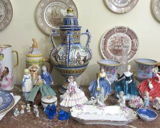 PETERSON LARGE JAR, VASES, LADIES, CAPODIMONTE FLOWERS, AND MORE