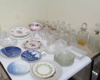PETERSON DECANTERS, CRYSTAL, PLATES, AND MORE
