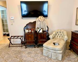 BURKEY & GAY ANTIQUE FULL HEADBOARD & FOOTBOARD, 2 COMMODES.  CHAISE LOUNGE TUFTED AND REUPHOLSTERED FOR $2400.