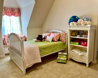 CHILDREN'S ROOM WITH STANLEY HEADBOARD & TEMPUR-PEDIC MATTRESS, LIKE NEW.  WE HAVE 3 OF THESE BEDS!!  PARTS FOR BUNK BEDS WITH LADDER.  STANLEY BOOKCASE.  