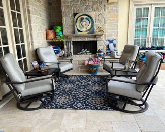 BROWN HOWARD SWIVEL PATIO CHAIRS AND SIDE TABLE.  TWO SETS.
