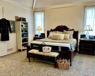 MASTER BEDROOM WITH WATERFORD, LIKE-NEW FURNITURE, HANDBAGS, COSTUME JEWELRY, AND SHOES.