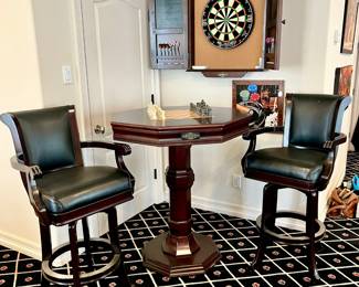 BILLIARDS DARTBOARD, PUB TABLE WITH REVERSIBLE GAME TOP & STORAGE AND 2 PUB TABLES.