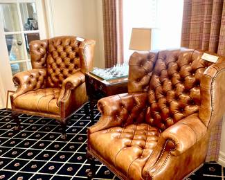 HANCOCK & MOORE LEATHER TUFTED WING BACK CHAIRS.