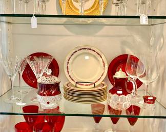 RED GLASSES, FRANSISCAN DESSERT PLATES, AND STRAWBERRY BASKET WITH CREAM & SUGAR.