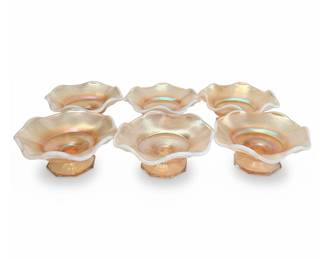 Set of 6 Dugan Peach Opalescent Carnival Glass Compotes