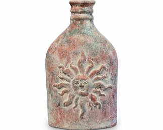 Large Rustic Folk Art Pottery Bottle w/ Sun & Moon