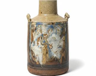Large Studio Pottery Vase w/ Figural Slip Decoration