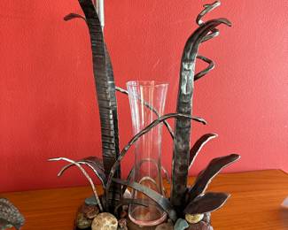 Handcrafted, metal vase sculpture signed