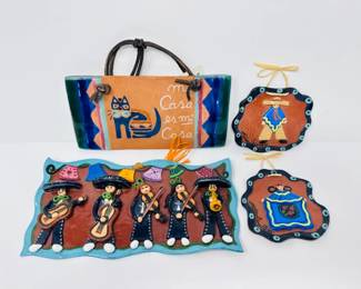67 SignedHandmadeMexicanClayWallPlaquesFolkArt4pcSet