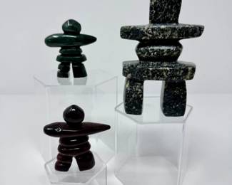 100 Setof3StoneInukshukSculpturesJadeMarbleReddishStone