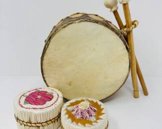 112 NativeAmericanPorcupineQuillBoxesDrumSet