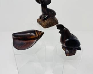64 3IronwoodCarvingsRamConchShellQuailBirdMexico