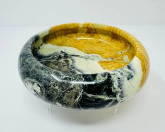 114 HeavyCarvedStoneBowlwNaturalYellowCreamBlackVeining