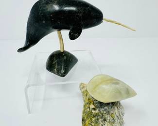 118 CarvedStoneNarwhalwBoneTuskBirdonRockSculptureLot