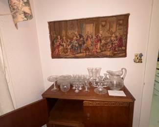 Antique cabinet, vintage tapestry and Cambridge co rose point etched crystal