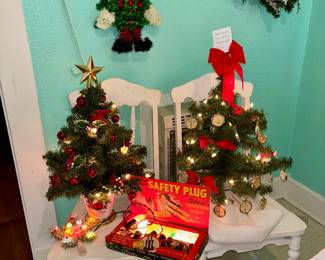 Noma vintage Christmas lights, Charles Wysocki cardinal Christmas tree, Xmas tree with crosstitch ornaments and vintage tinsel tree topper