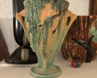 Roseville Pottery Moss Vase and Weller pottery vase