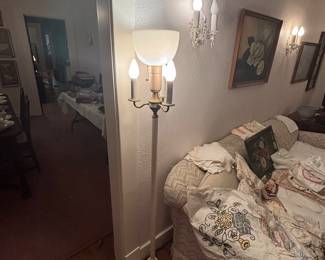 Vintage 4 light torchiere floor lamp with milk glass shade